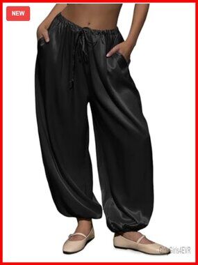 Satin Harem Pants Baggy Barrel Leg Elastic Waist Drawstring Track Pants
